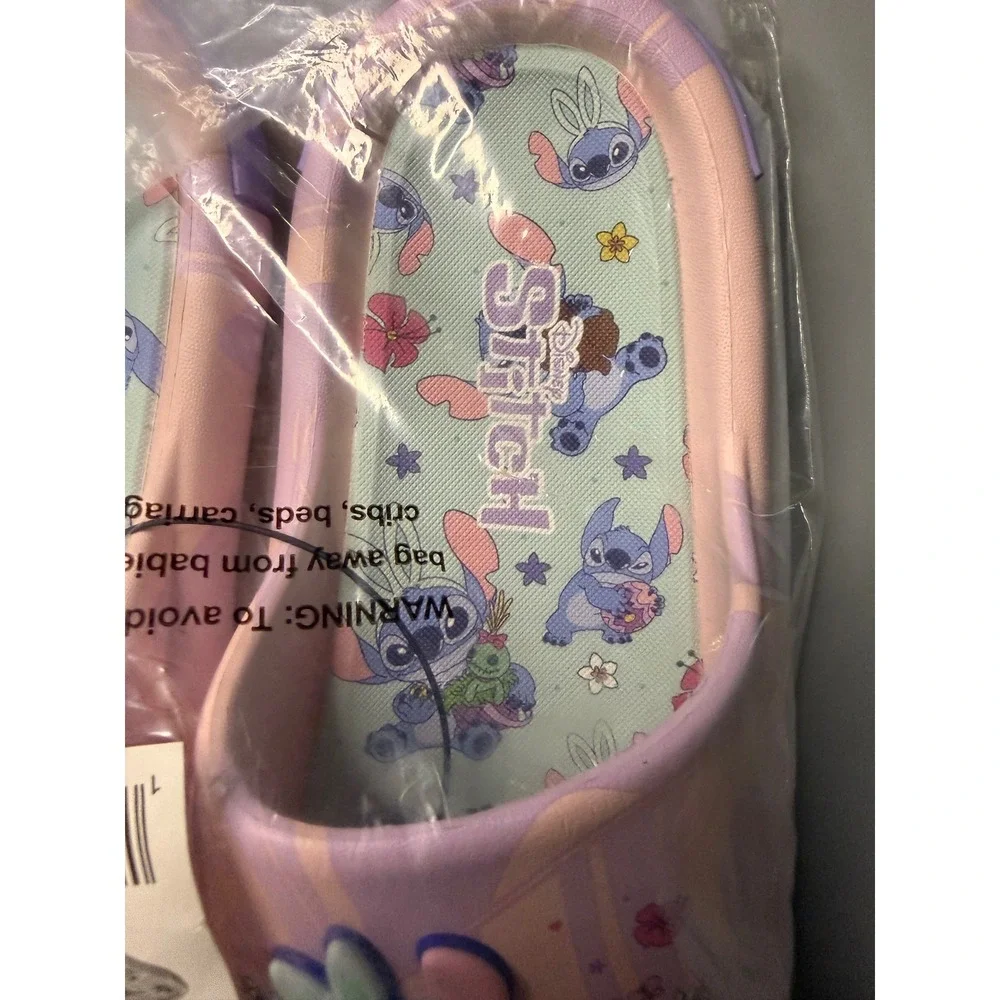 Disney‎ Stitch Purple Kids Slide Sandals 3D Bunny Ear Charm Ground Up Size 4-5
